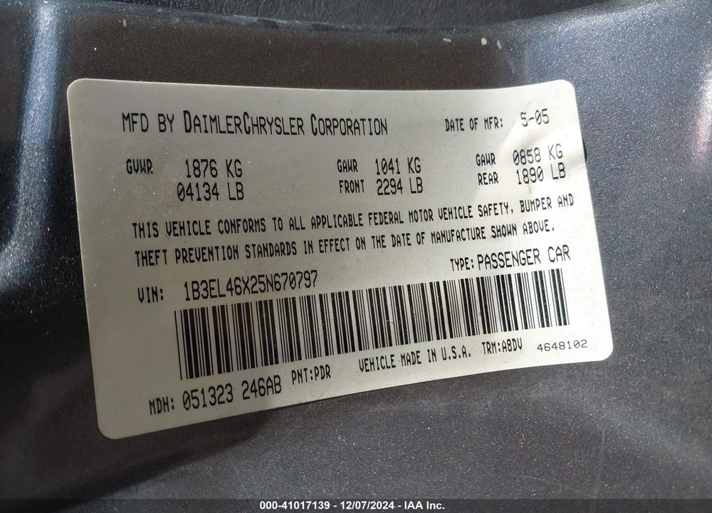 2005 DODGE STRATUS SXT VIN: 1B3EL46X25N670797