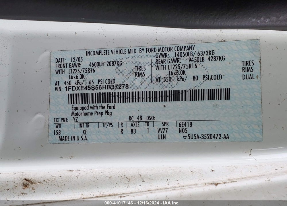 2006 FORD E-450 CUTAWAY VIN: 1FDXE45S56HB37278
