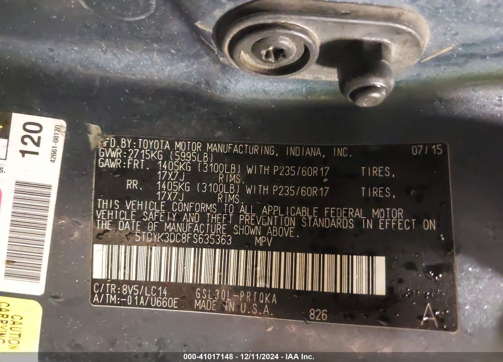 2015 TOYOTA SIENNA XLE LIMITED VIN: 5TDYK3DC8FS635363