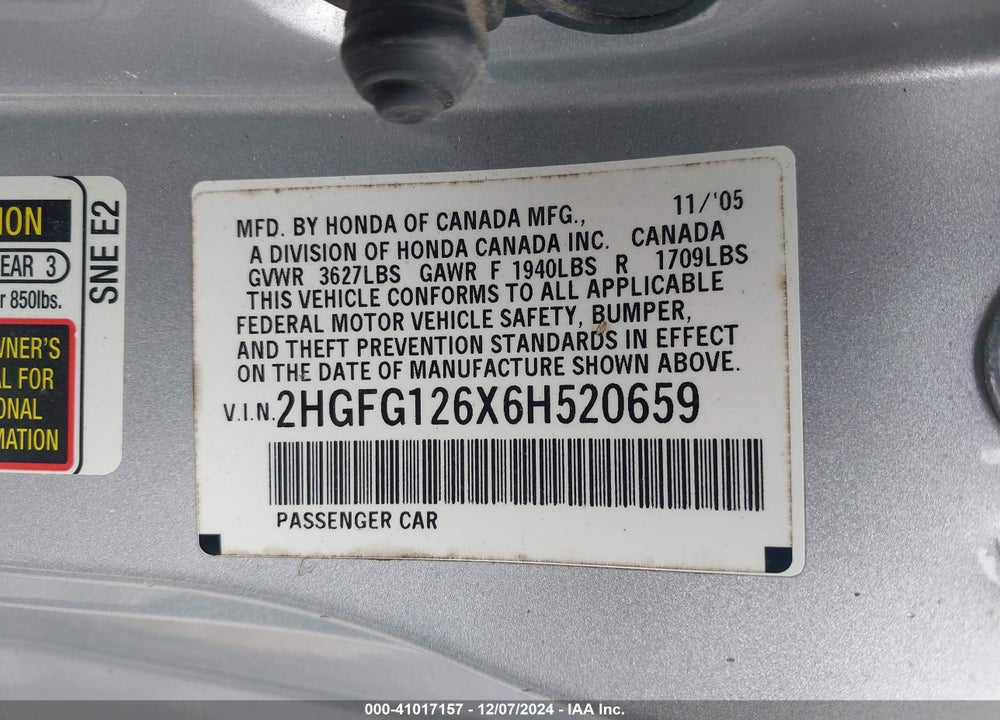 2006 HONDA CIVIC VIN: 2HGFG126X6H520659