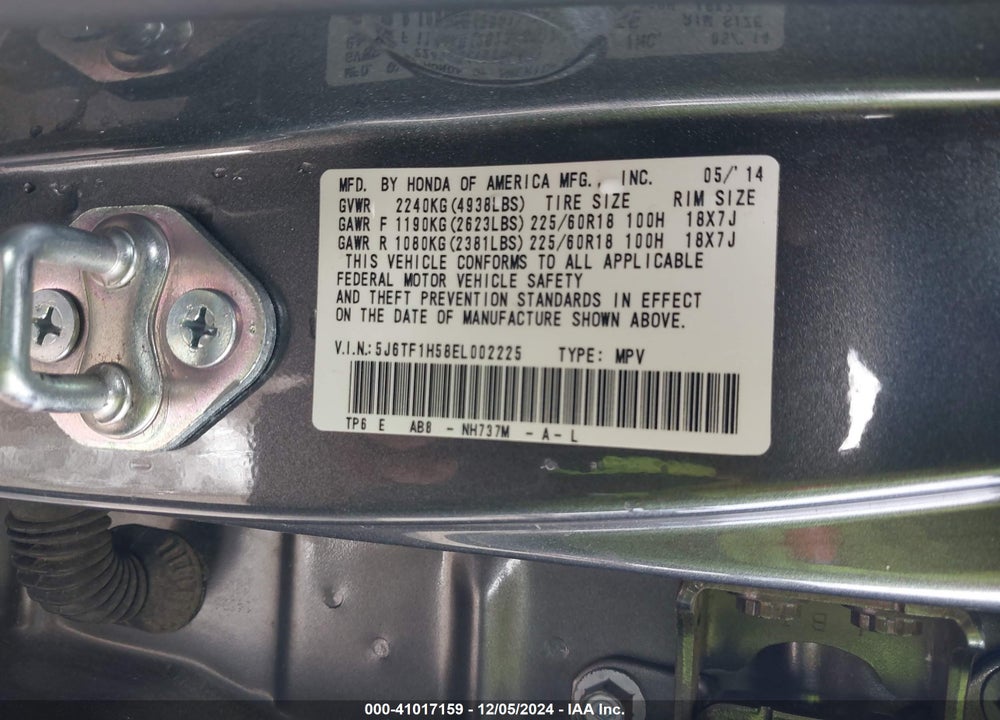 2014 HONDA CROSSTOUR EX-L V6 VIN: 5J6TF1H58EL002225