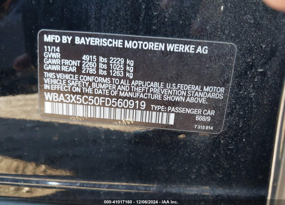 2015 BMW 328I GRAN TURISMO XDRIVE VIN: WBA3X5C50FD560919