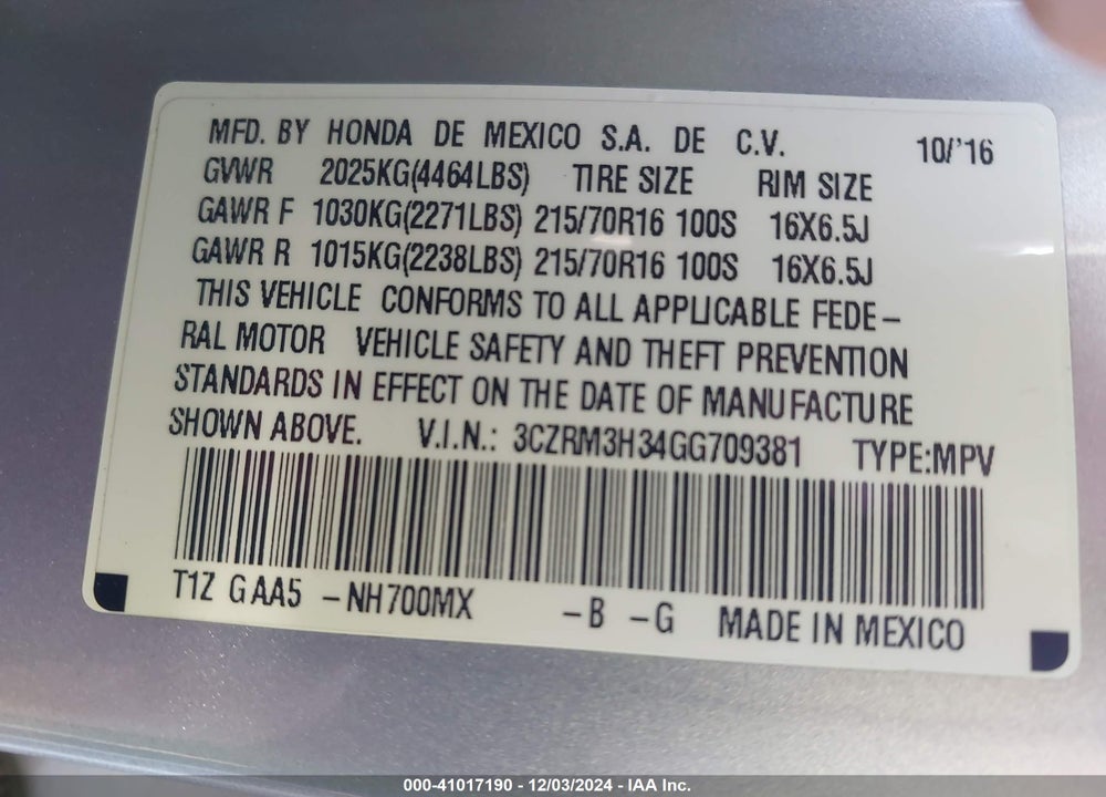 2016 HONDA CR-V LX VIN: 3CZRM3H34GG709381