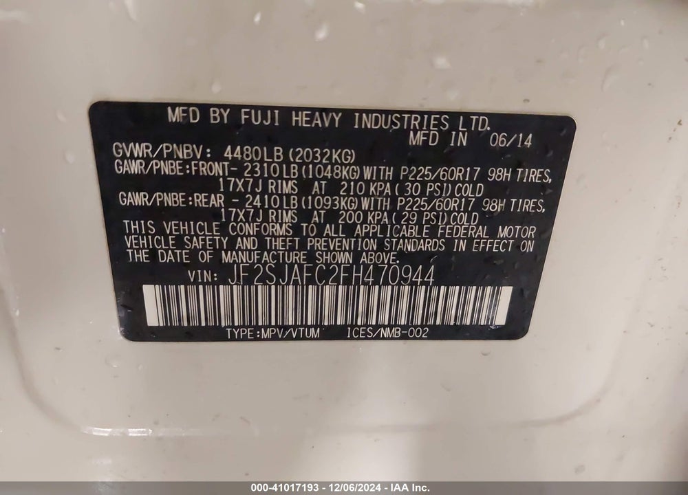 2015 SUBARU FORESTER 2.5I PREMIUM VIN: JF2SJAFC2FH470944