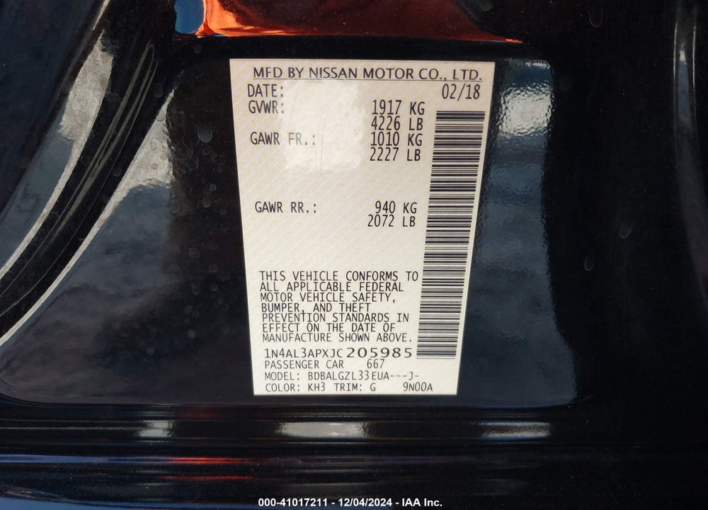 2018 NISSAN ALTIMA VIN: 1N4AL3APXJC205985