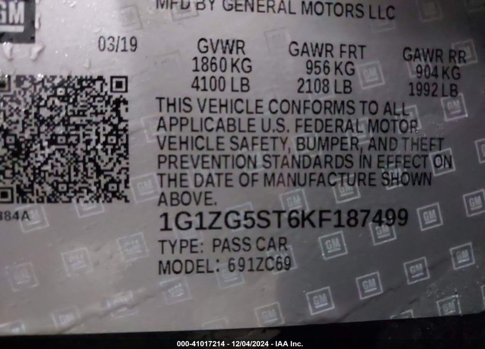 2019 CHEVROLET MALIBU RS VIN: 1G1ZG5ST6KF187499