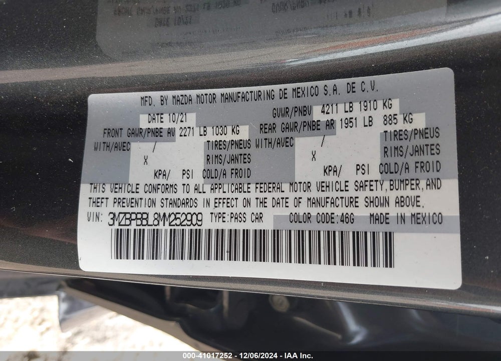 2021 MAZDA 3 SELECT VIN: 3MZBPBBL8MM252909