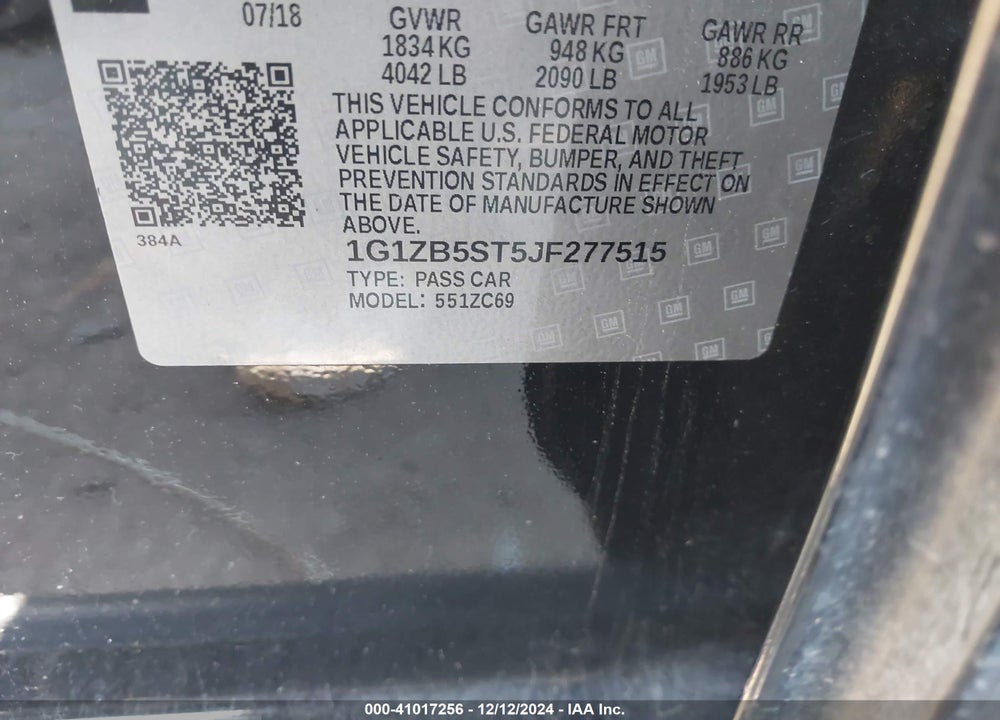 2018 CHEVROLET MALIBU 1LS VIN: 1G1ZB5ST5JF277515