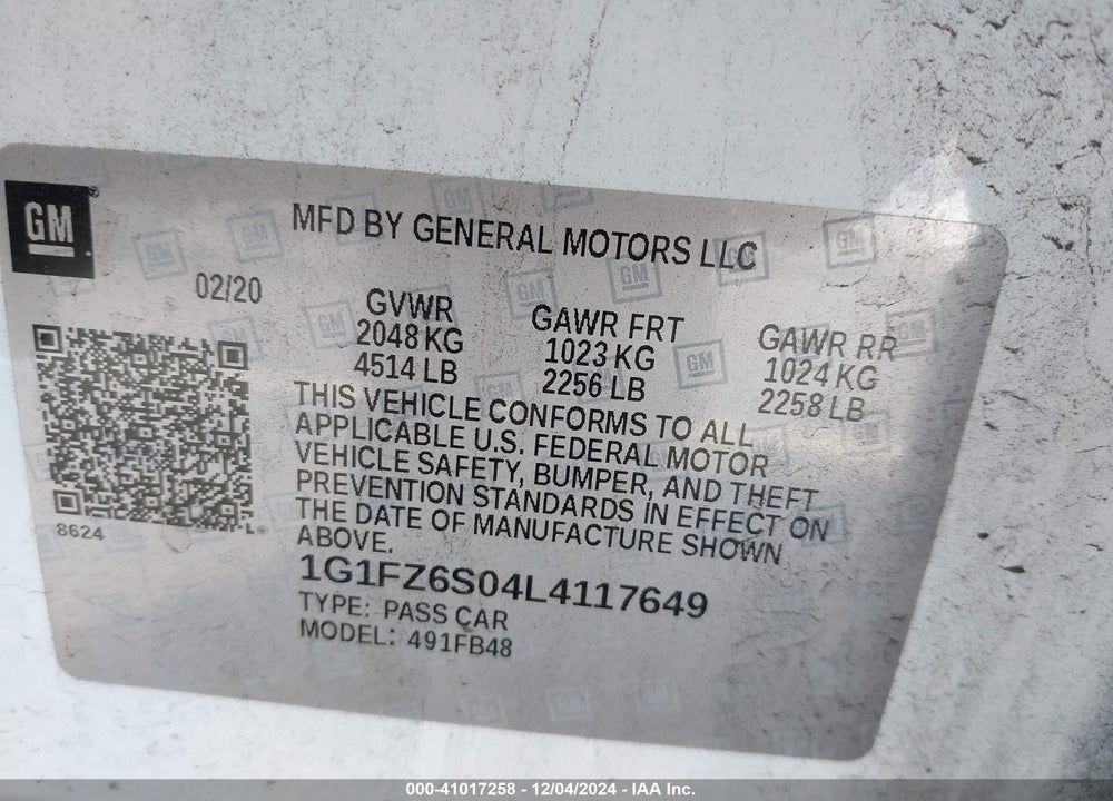 2020 CHEVROLET BOLT EV VIN: 1G1FZ6S04L4117649
