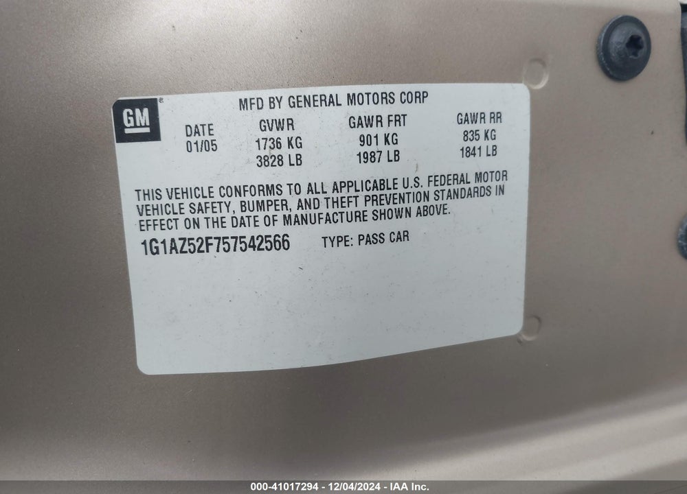 2005 CHEVROLET COBALT LT VIN: 1G1AZ52F757542566