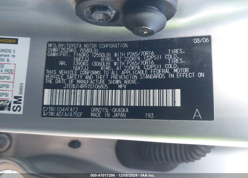 2007 TOYOTA 4RUNNER SR5 V6 VIN: JTEBU14R970106805