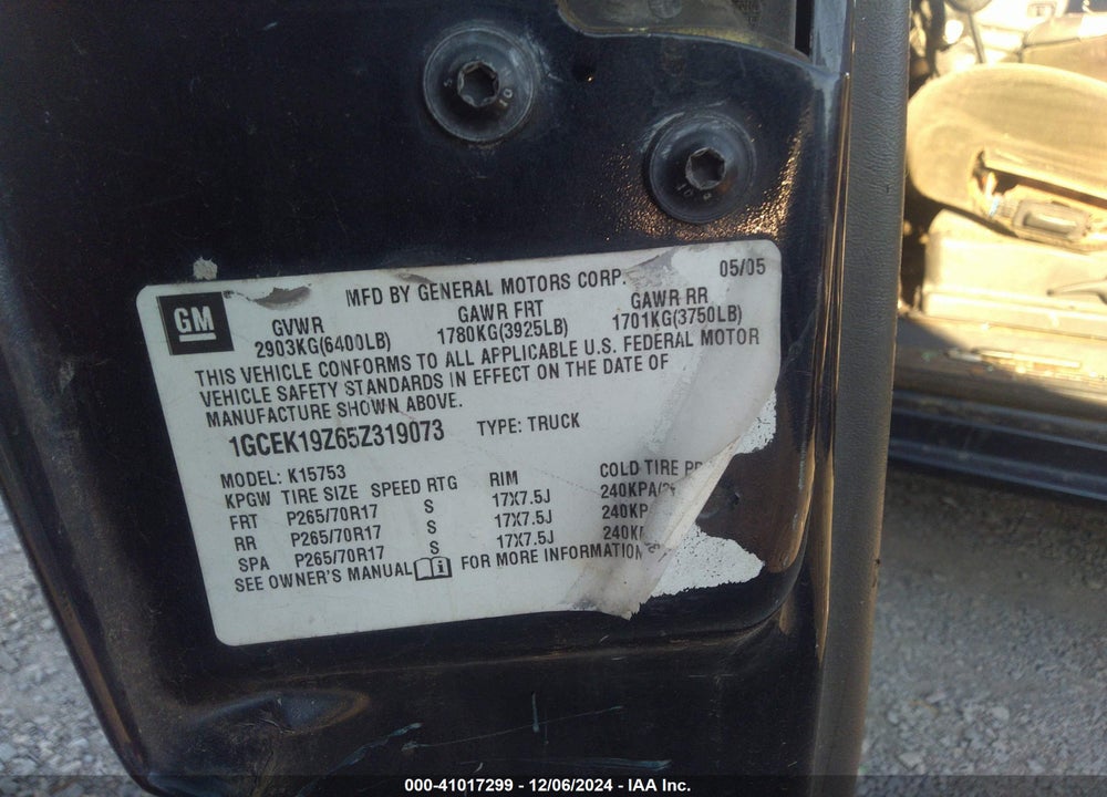 2005 CHEVROLET SILVERADO 1500 Z71 VIN: 1GCEK19Z65Z319073