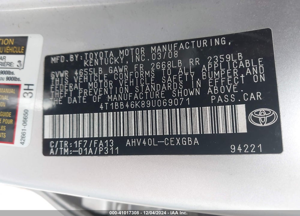 2009 TOYOTA CAMRY HYBRID VIN: 4T1BB46K89U069071