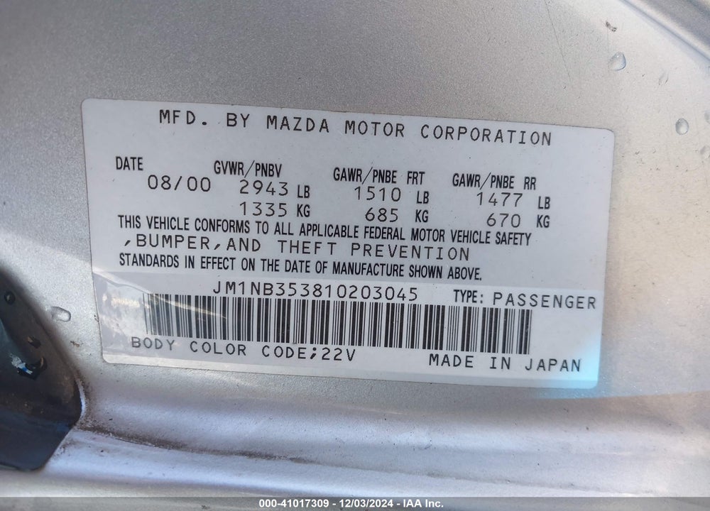 2001 MAZDA MX-5 MIATA LS/SPECIAL EDITION VIN: JM1NB353810203045