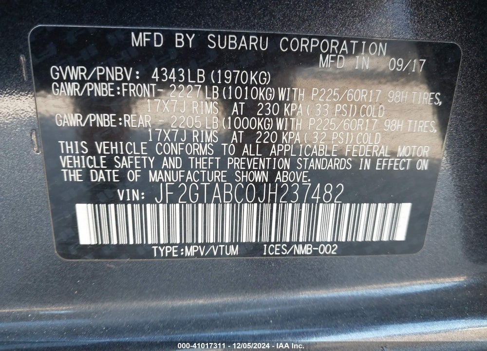 2018 SUBARU CROSSTREK 2.0I PREMIUM VIN: JF2GTABC0JH237482