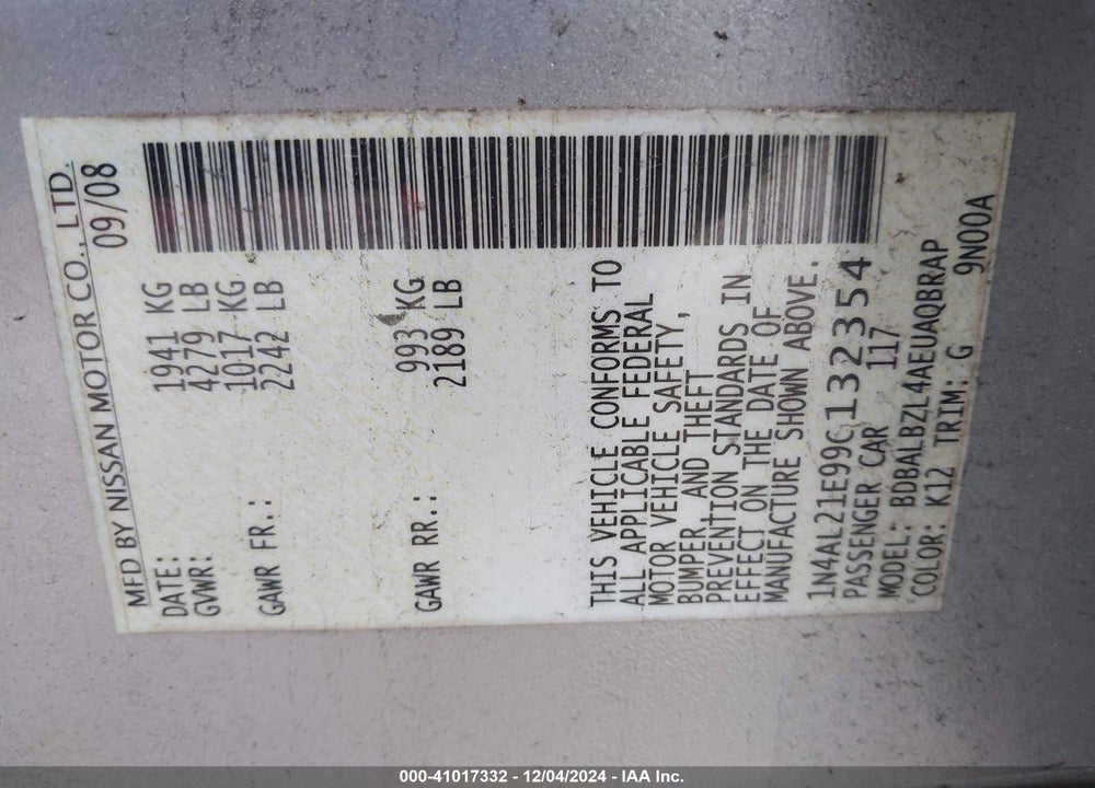 2009 NISSAN ALTIMA 2.5 S VIN: 1N4AL21E99C132354
