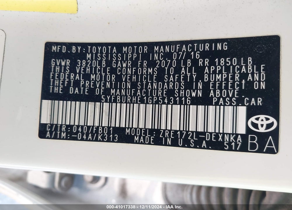 2016 TOYOTA COROLLA LE PLUS VIN: 5YFBURHE1GP543116