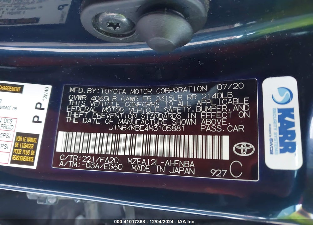 2021 TOYOTA COROLLA VIN: JTNB4MBE4M3105881