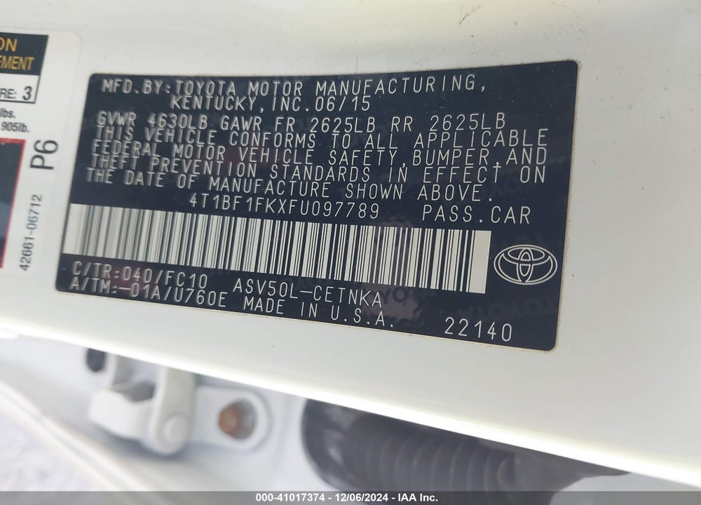 2015 TOYOTA CAMRY LE VIN: 4T1BF1FKXFU097789
