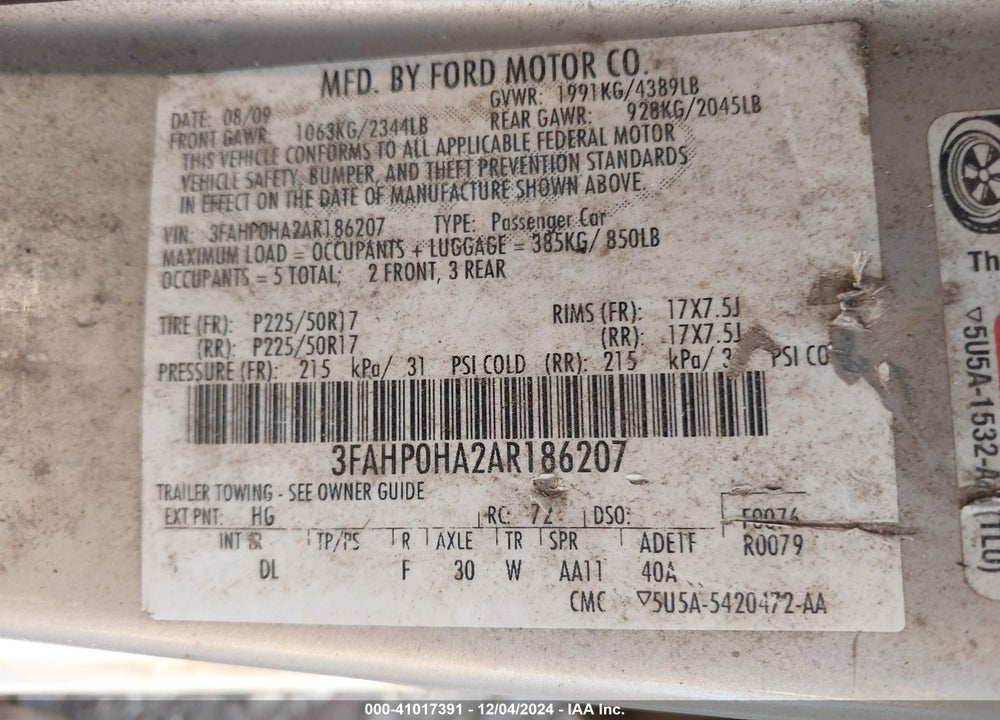 2010 FORD FUSION SE VIN: 3FAHP0HA2AR186207