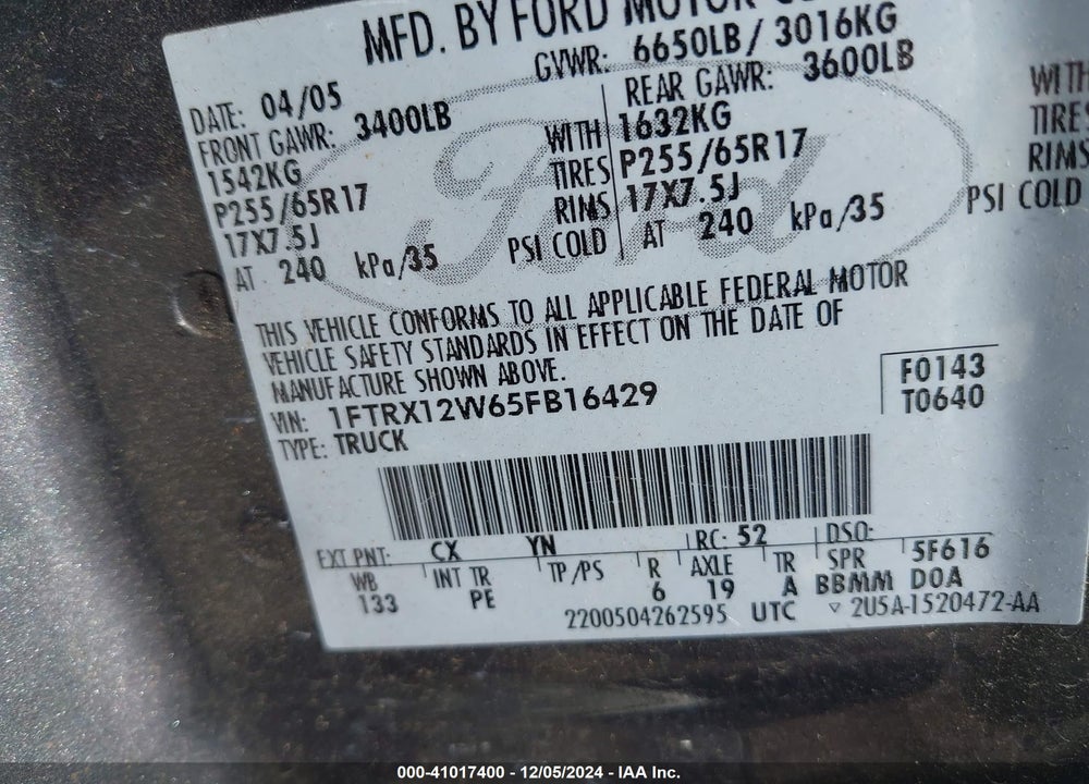 2005 FORD F-150 STX/XL/XLT VIN: 1FTRX12W65FB16429