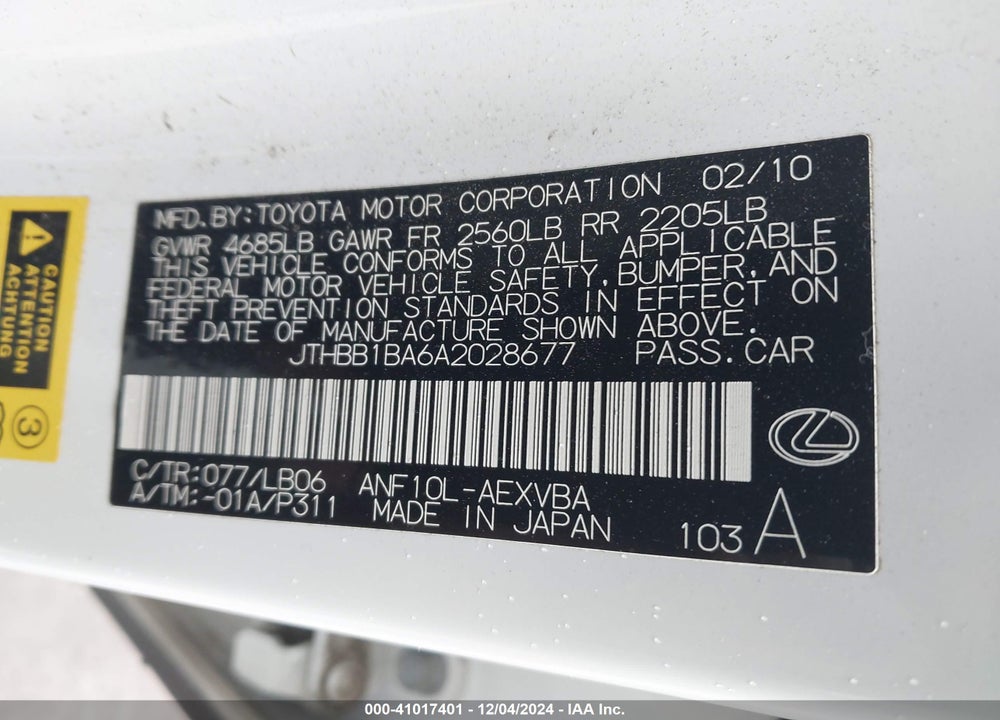 2010 LEXUS HS 250H VIN: JTHBB1BA6A2028677