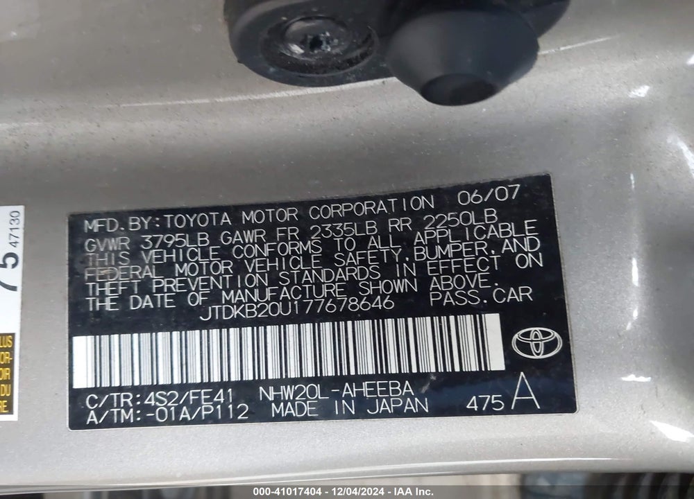 2007 TOYOTA PRIUS VIN: JTDKB20U177678646
