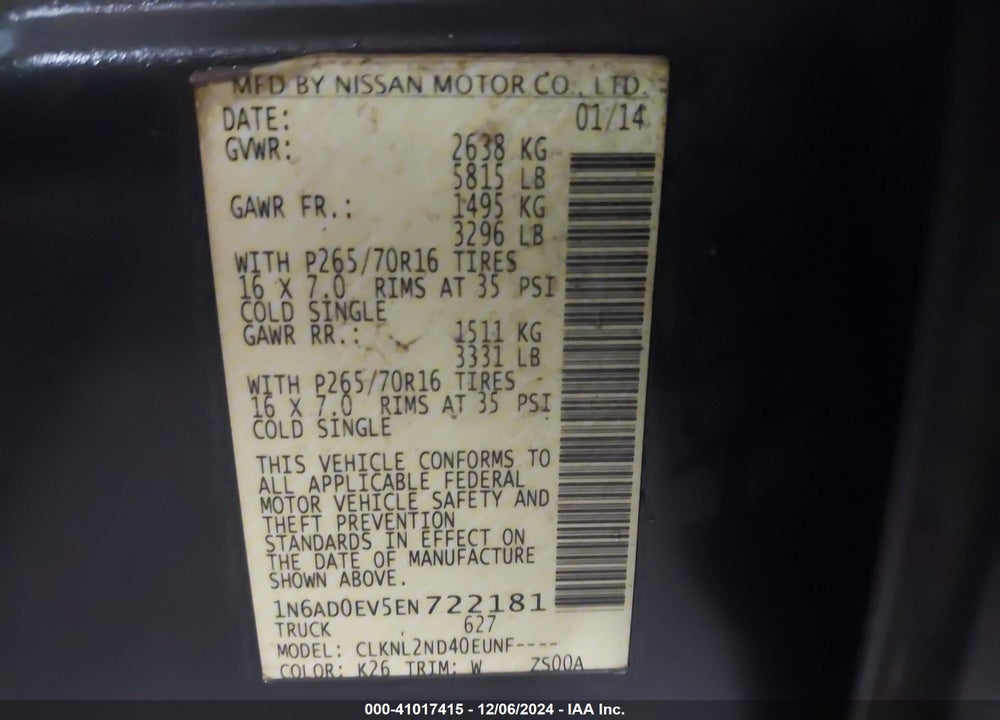 2014 NISSAN FRONTIER SV VIN: 1N6AD0EV5EN722181