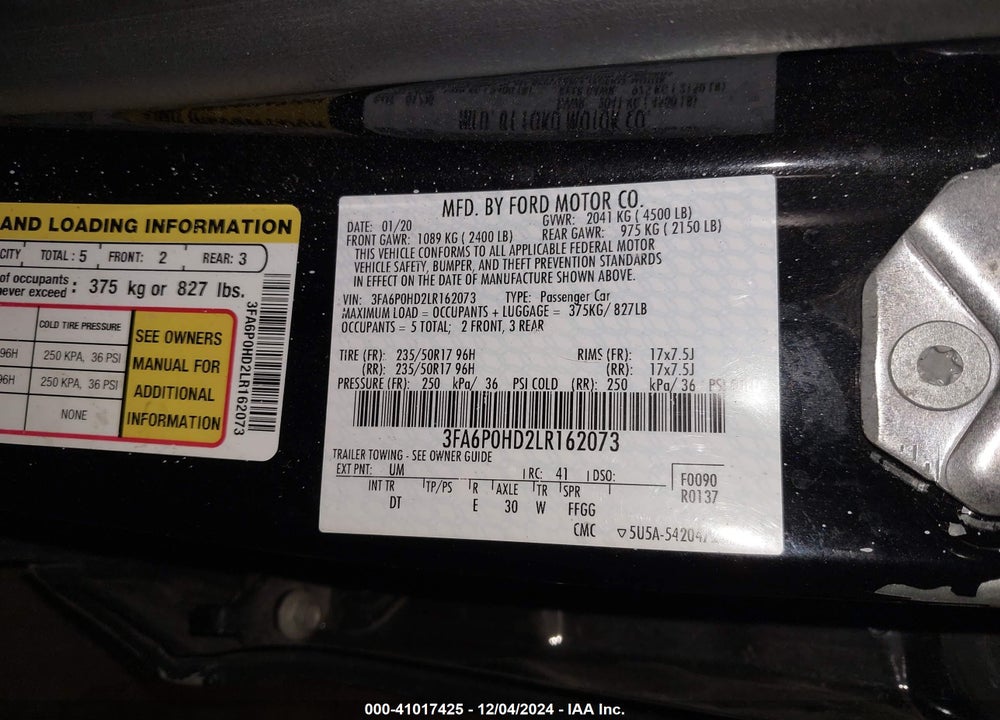 2020 FORD FUSION SE VIN: 3FA6P0HD2LR162073