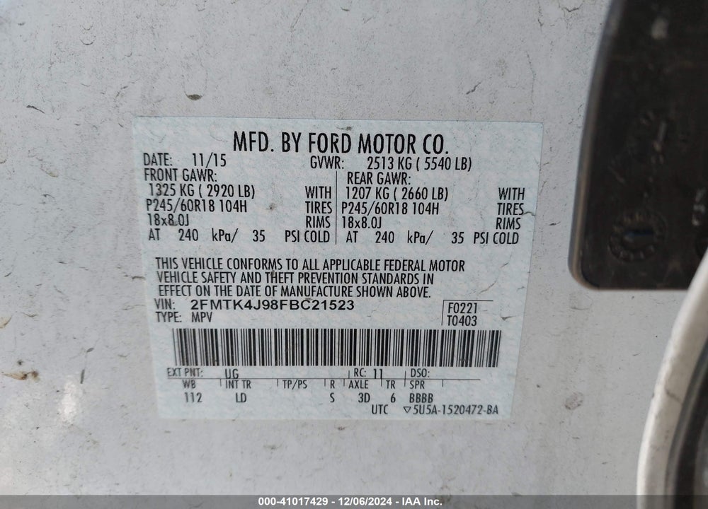 2015 FORD EDGE SEL VIN: 2FMTK4J98FBC21523