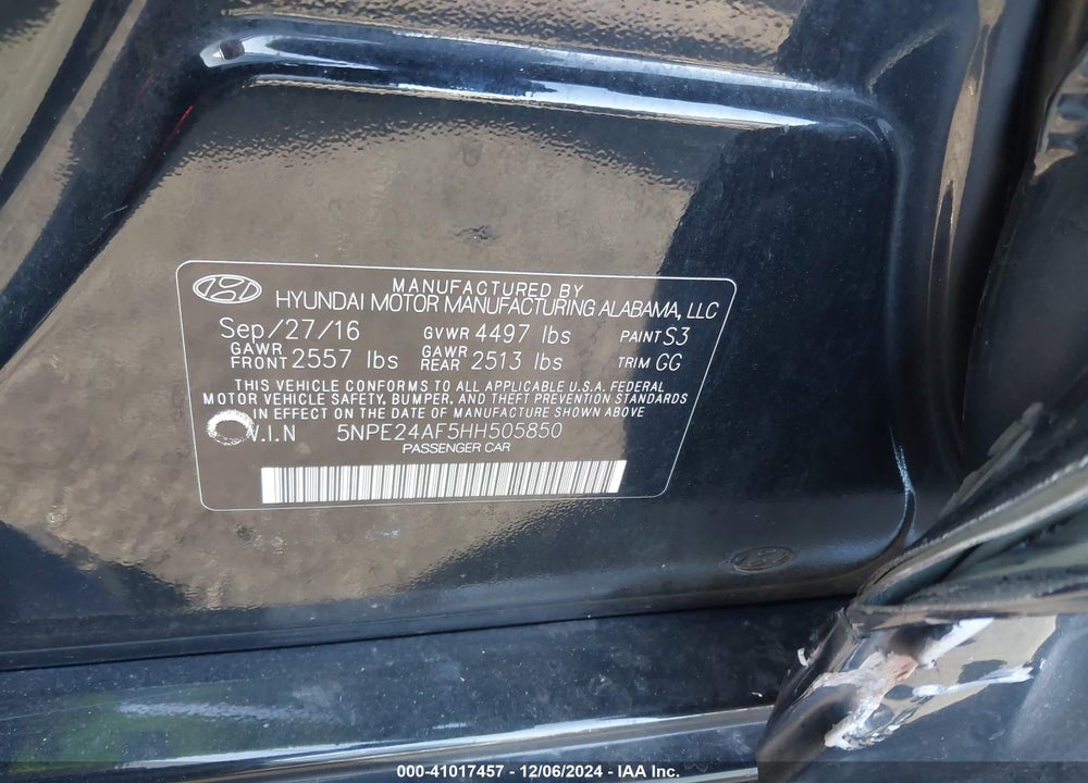 2017 HYUNDAI SONATA SE VIN: 5NPE24AF5HH505850