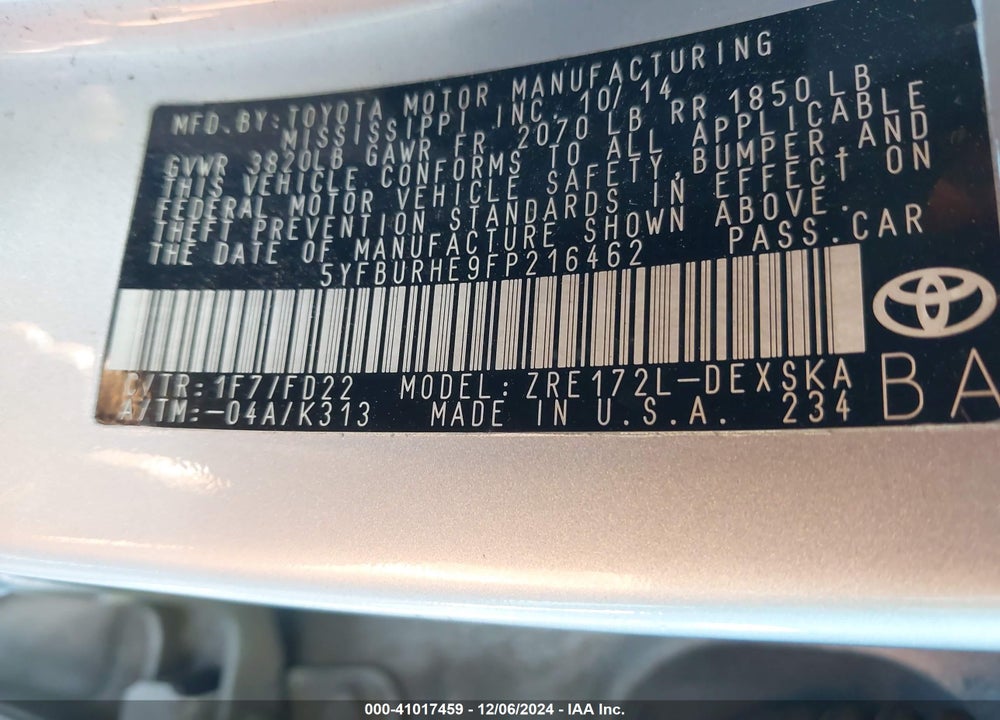 2015 TOYOTA COROLLA S PLUS VIN: 5YFBURHE9FP216462