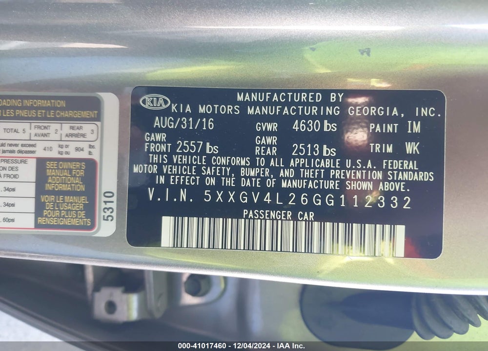2016 KIA OPTIMA SXL TURBO VIN: 5XXGV4L26GG112332