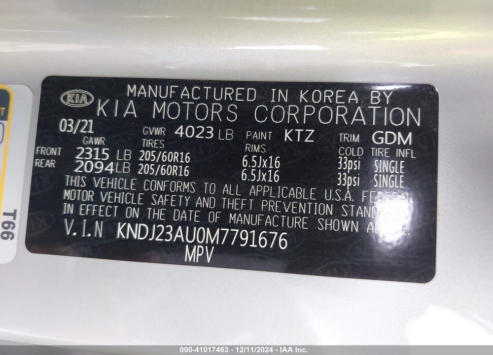 2021 KIA SOUL LX VIN: KNDJ23AU0M7791676