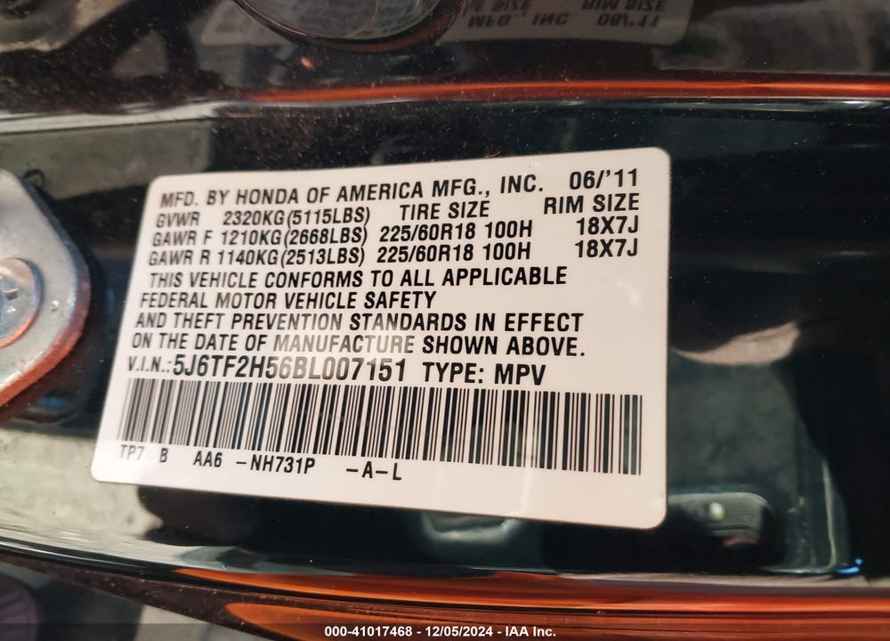 2011 HONDA ACCORD CROSSTOUR EX-L VIN: 5J6TF2H56BL007151