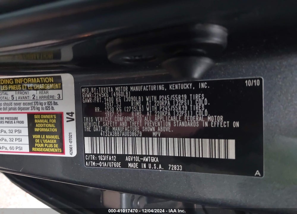 2010 TOYOTA VENZA VIN: 4T3ZA3BB7AU038679
