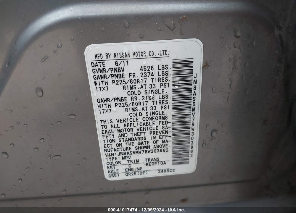 2011 NISSAN ROGUE SV VIN: JN8AS5MV7BW303962