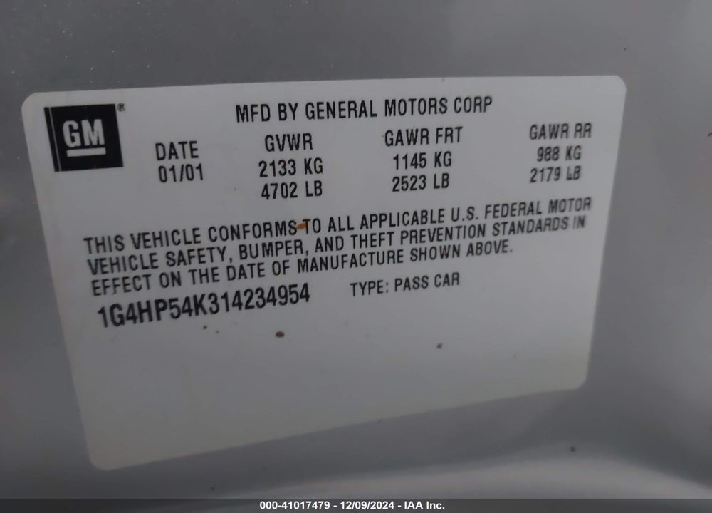 2001 BUICK LESABRE CUSTOM VIN: 1G4HP54K314234954