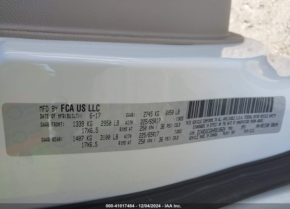 2017 DODGE GRAND CARAVAN SXT VIN: 2C4RDGCG0HR818620