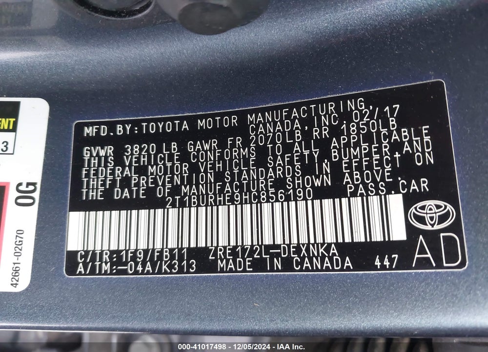 2017 TOYOTA COROLLA LE VIN: 2T1BURHE9HC856190