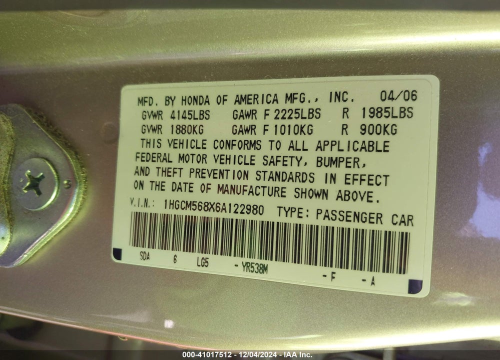 2006 HONDA ACCORD 2.4 EX VIN: 1HGCM568X6A122980