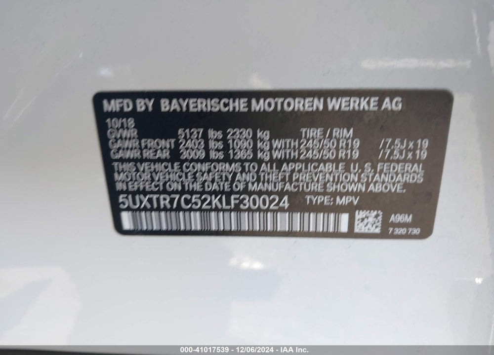2019 BMW X3 SDRIVE30I VIN: 5UXTR7C52KLF30024