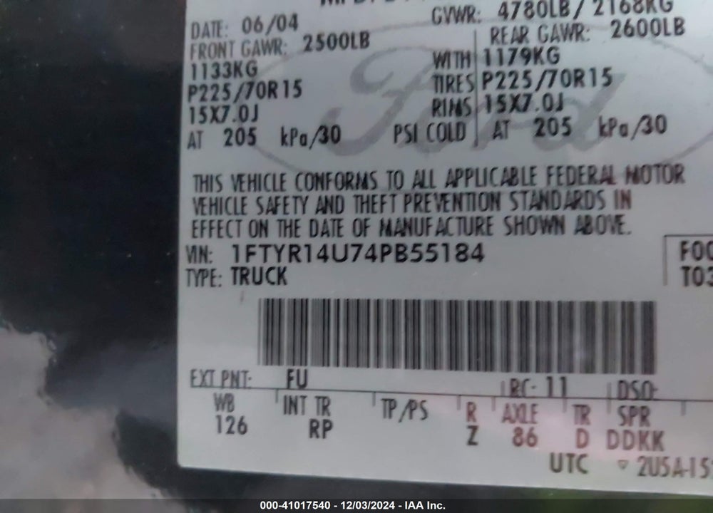 2004 FORD RANGER EDGE/TREMOR/XL/XLT VIN: 1FTYR14U74PB55184