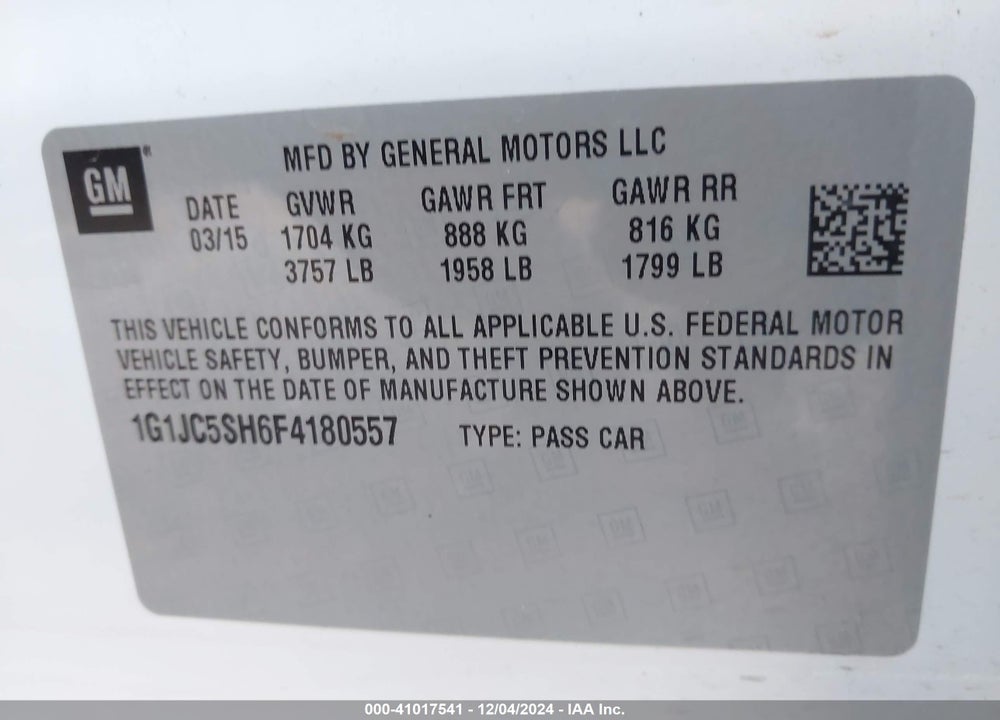 2015 CHEVROLET SONIC VIN: 1G1JC5SH6F4180557