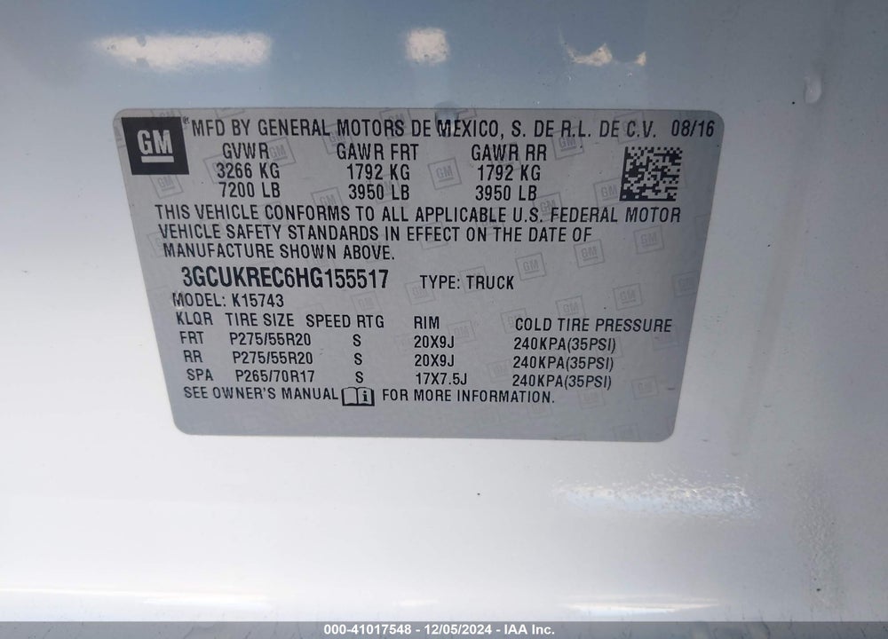 2017 CHEVROLET SILVERADO VIN: 3GCUKREC6HG155517