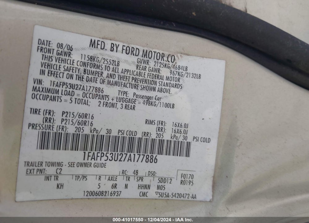 2007 FORD TAURUS SE VIN: 1FAFP53U27A177886
