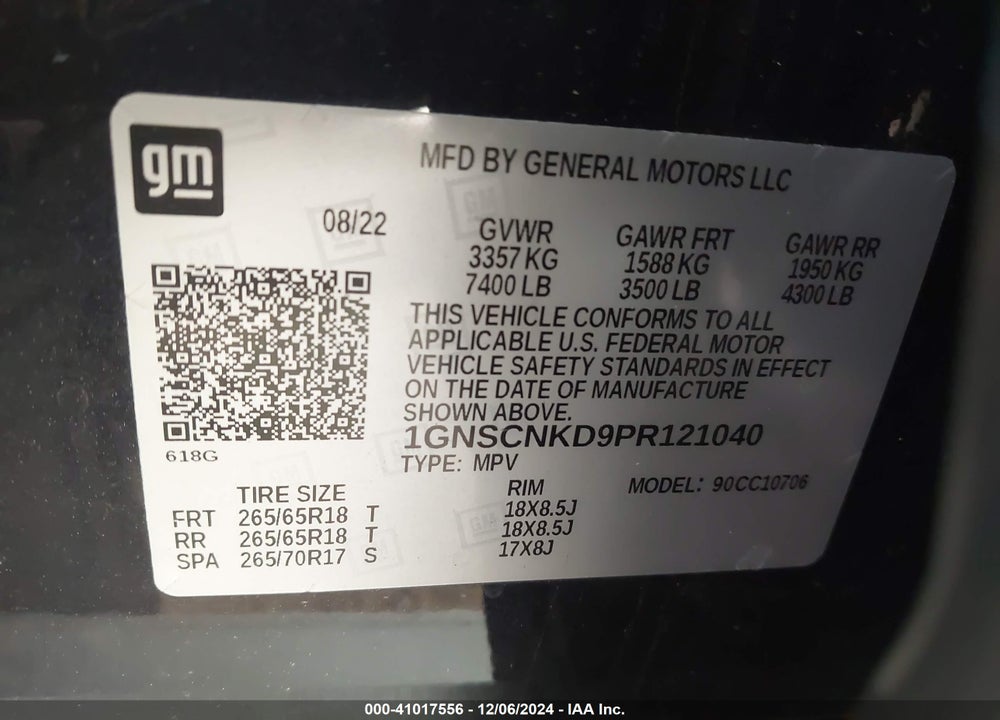 2023 CHEVROLET TAHOE 2WD LT VIN: 1GNSCNKD9PR121040