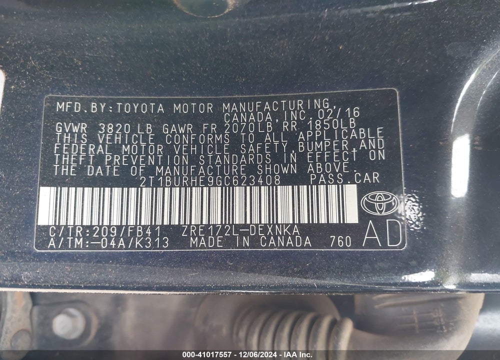 2016 TOYOTA COROLLA LE VIN: 2T1BURHE9GC623408