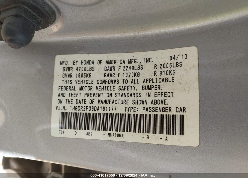 2013 HONDA ACCORD LX VIN: 1HGCR2F36DA161177