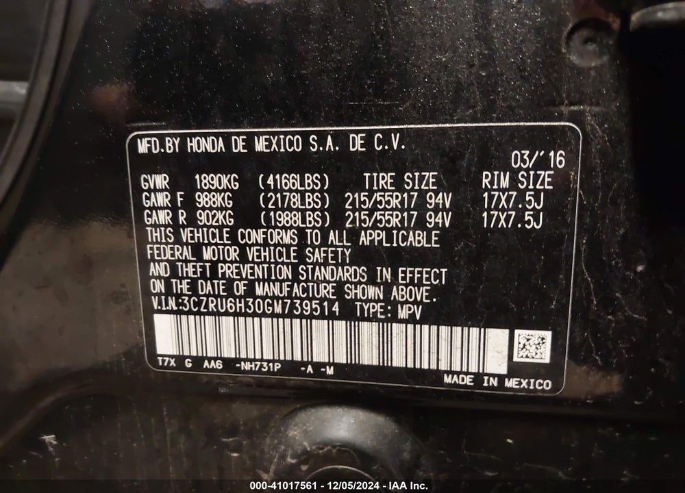 2016 HONDA HR-V LX VIN: 3CZRU6H30GM739514